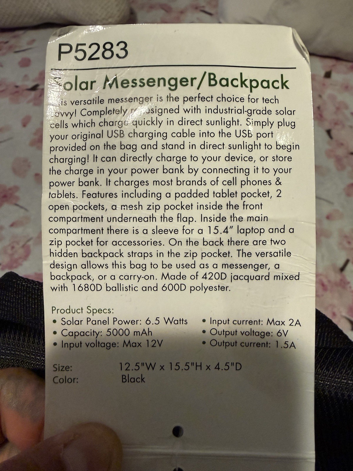 Preferred Nation P5283 Solar Messenger/Backpack Black OSFA