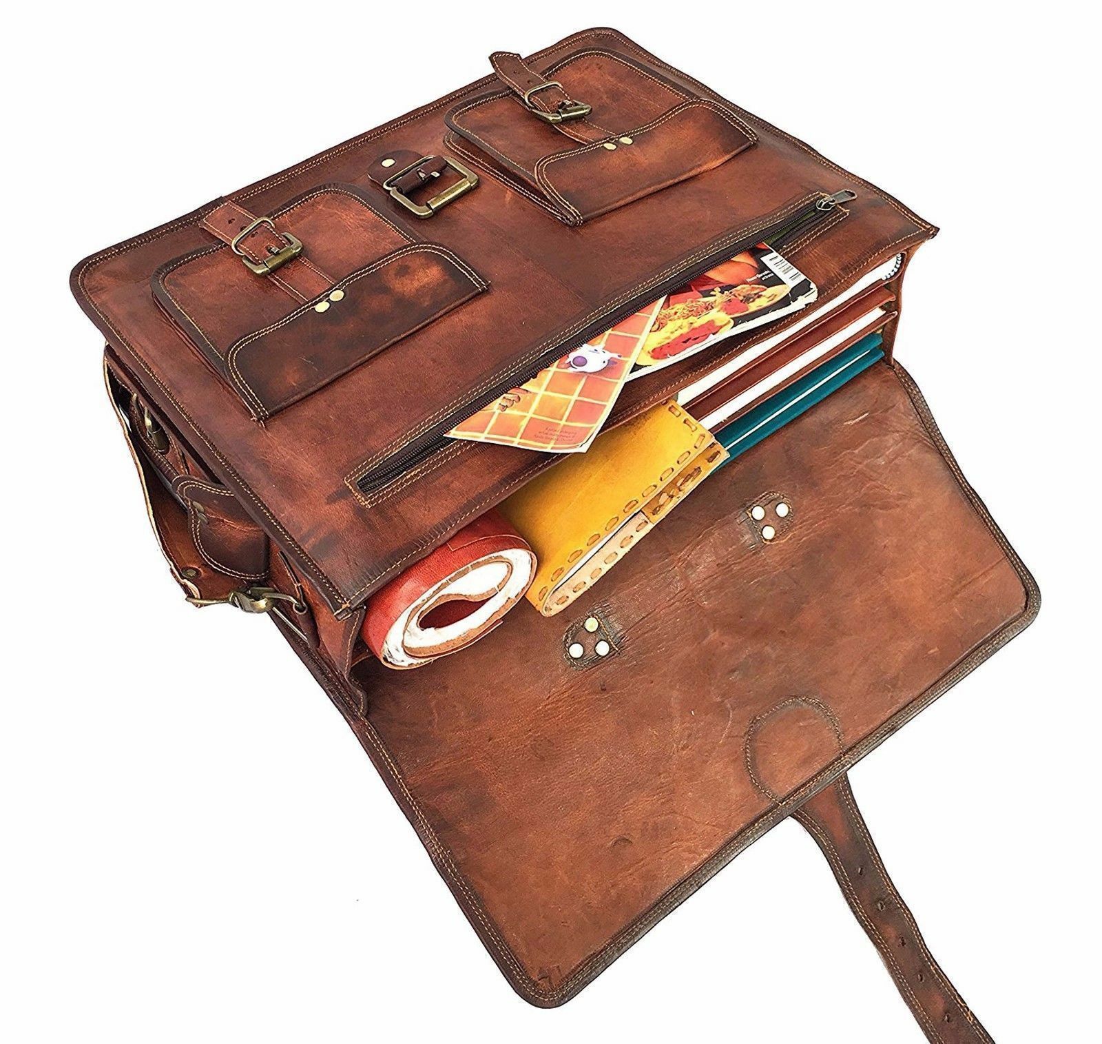 Brown vintage goat leather messenger Real satchel bag genuine laptop briefcase
