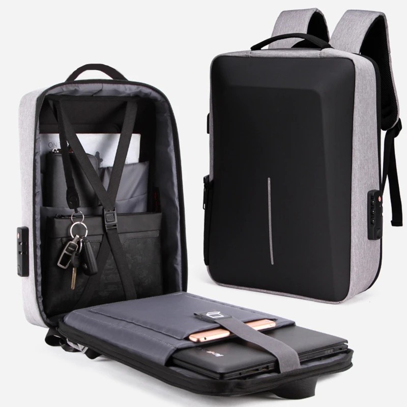Men’s Hard Shell Backpack Anti-theft Travel Bag USB Charging Computer