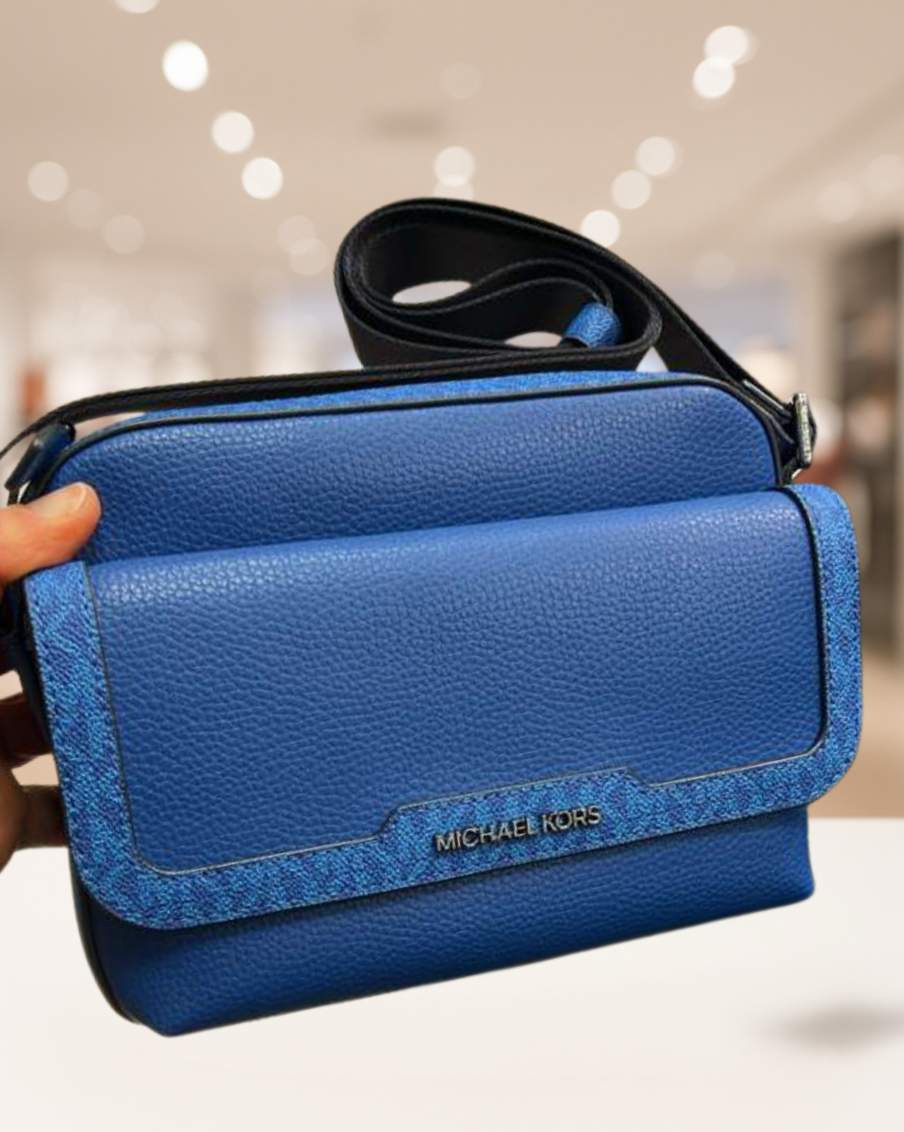 Michael Kors Cooper Medium Leather & Logo Flap Camera Crossbody Bag Galaxy Blue
