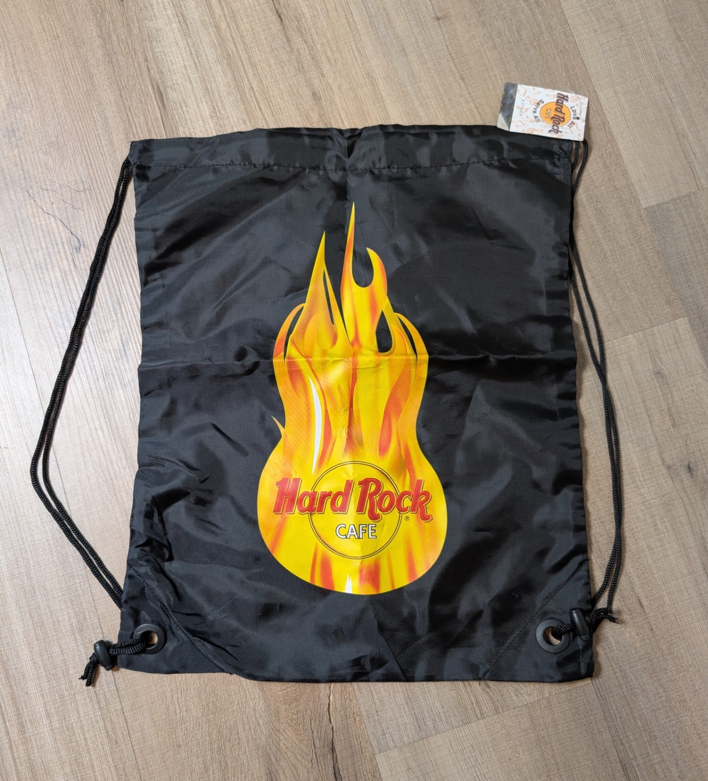 NWT Hard Rock Cafe Black Drawstring Backpack Gym Sack Bag Flames