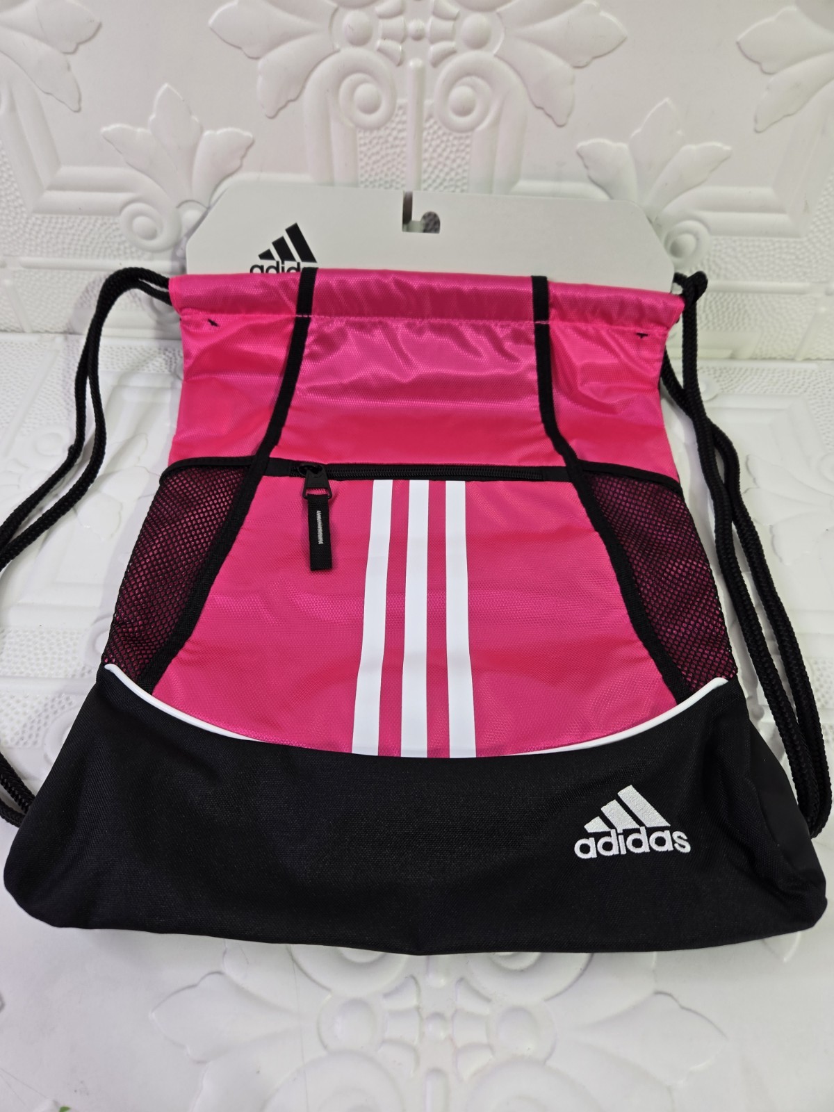 Adidas Alliance II Sports Sackpack Drawstring Bag Zipper Pockets Team Shock Pink