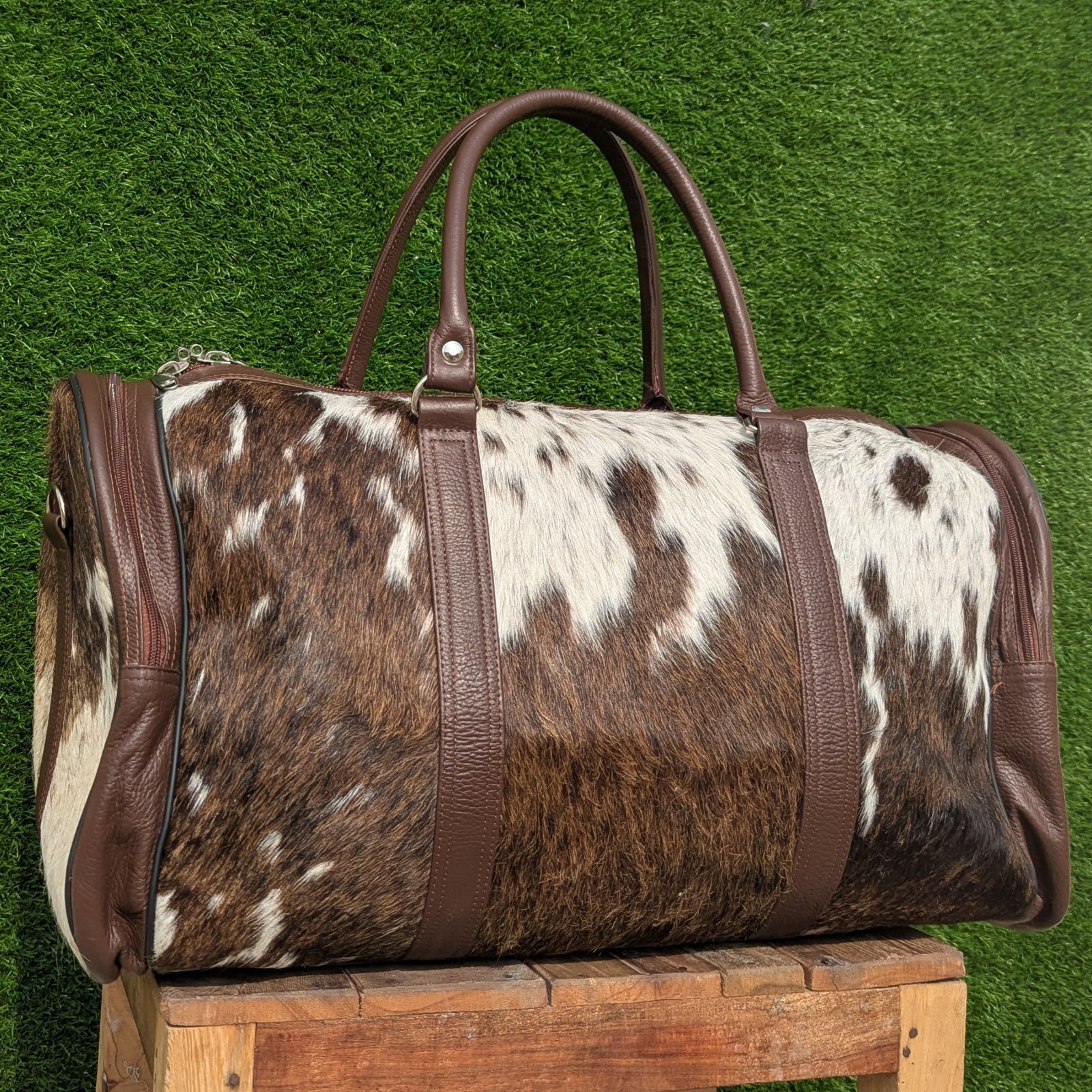 Handmade Cowhide Leather Duffle Bag Genuine Hair-On Hide Travel Gym Weekend Bag