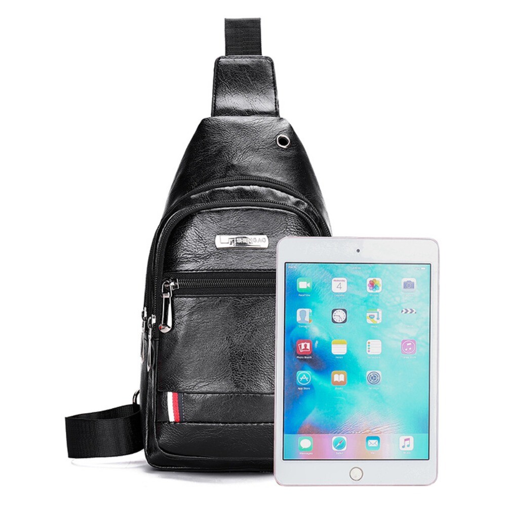 Men Leather Sling Bag Chest Shoulder Crossbody Backpack USB Charging Port Travel