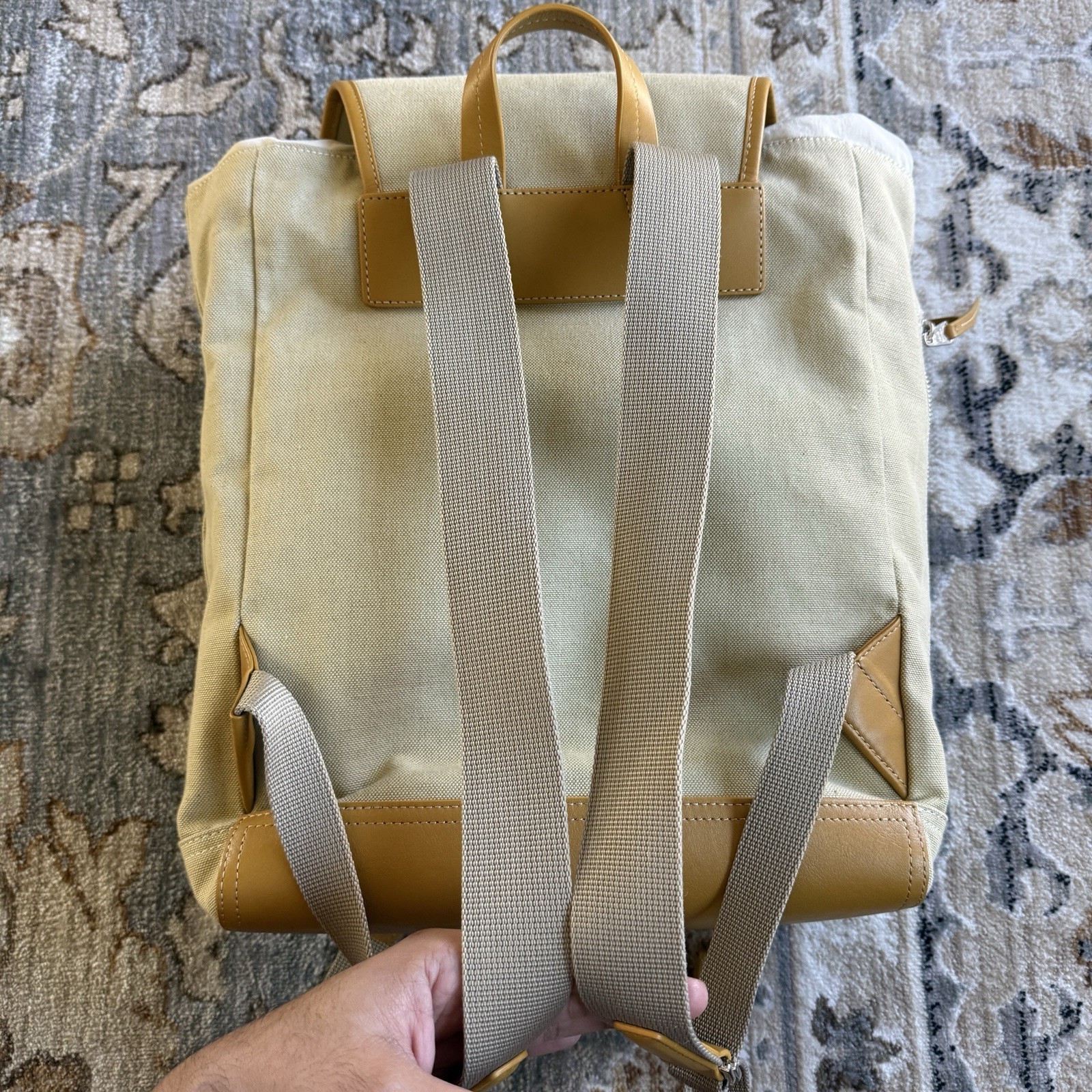 Paul Smith Canvas Backpack In Sand Beige Cotton Linen Blend Leather Trim $675
