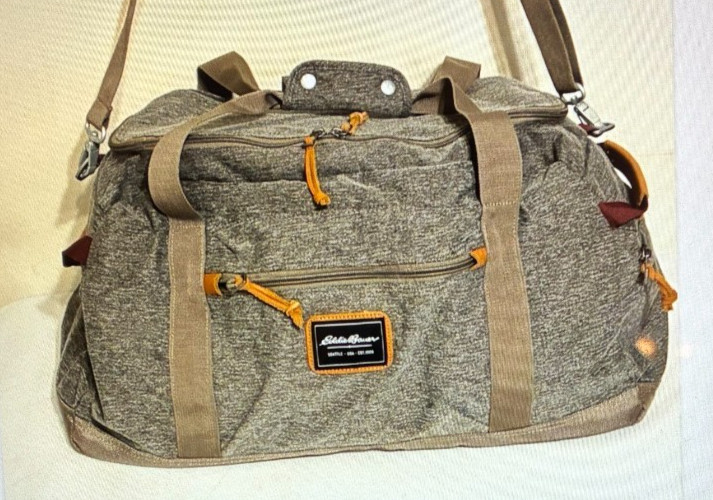 Eddie Bauer Luggage Duffel Bag Gray Leather Trim Handle Strap Zip Carry On EUC