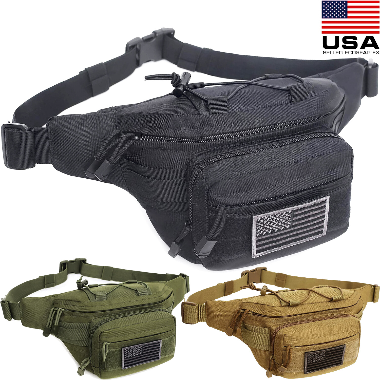 Tactical Concealed Carry Fanny Pack Waist Bag Holster Hunting w/ USA Flag Patch