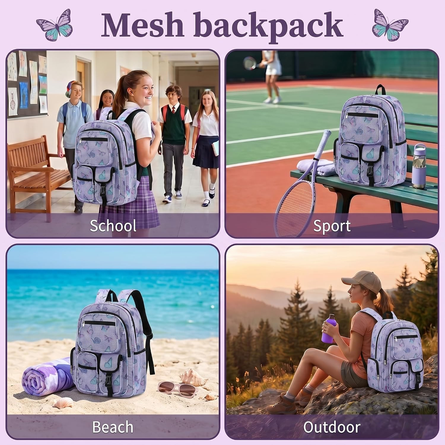 Mesh Backpacks for School, Heavy Duty Breathable See through Bookbag for Women G