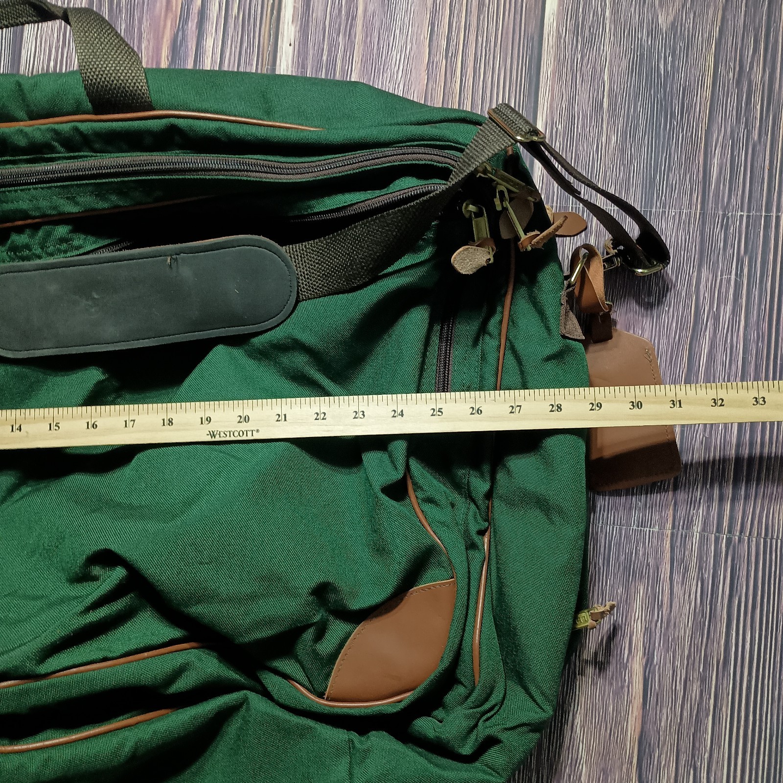 Vintage LL Bean Green Brown Canvas Weekender Bag Full Zip Luggage Leather Trim