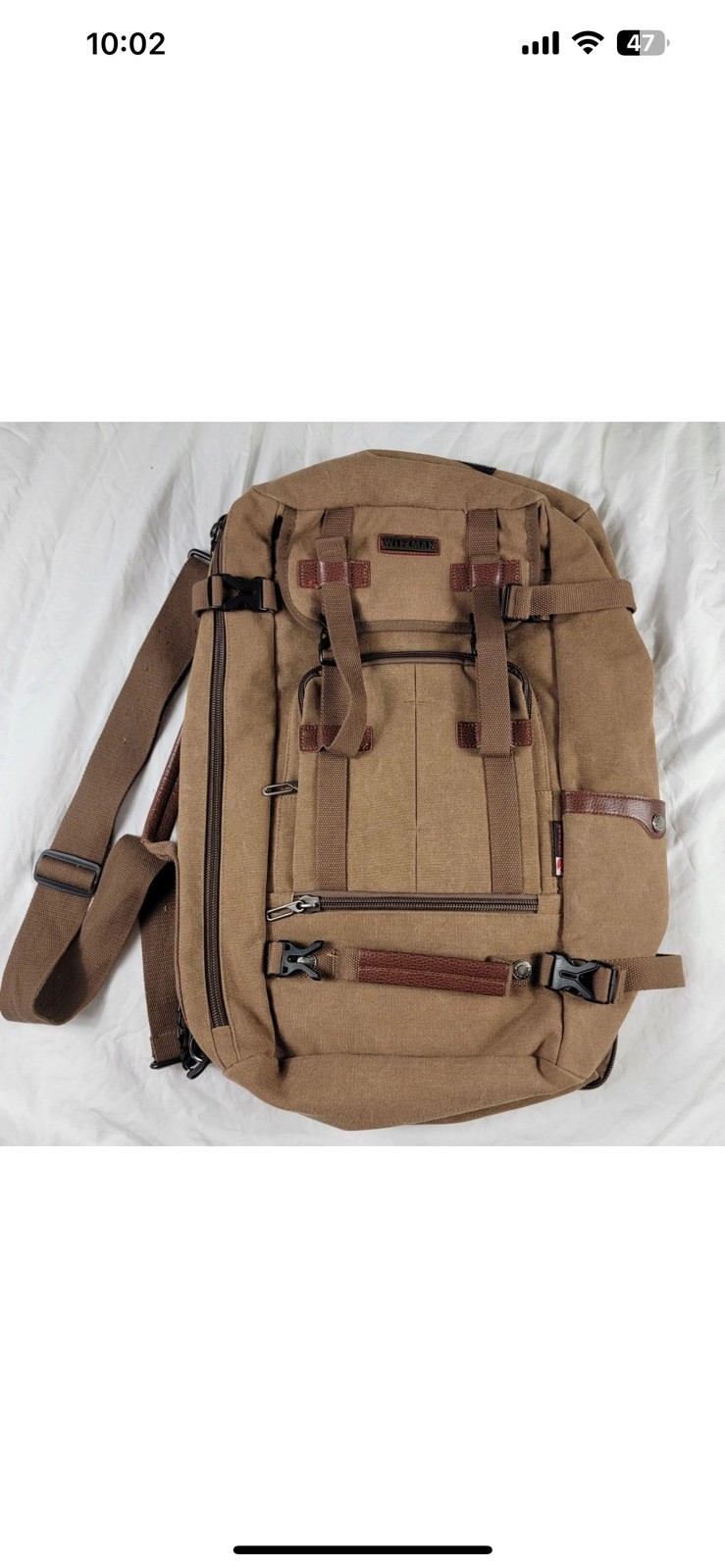 Witzman Canvas Backpack Travel Rucksack Multi Pocket Large Capacity Brown