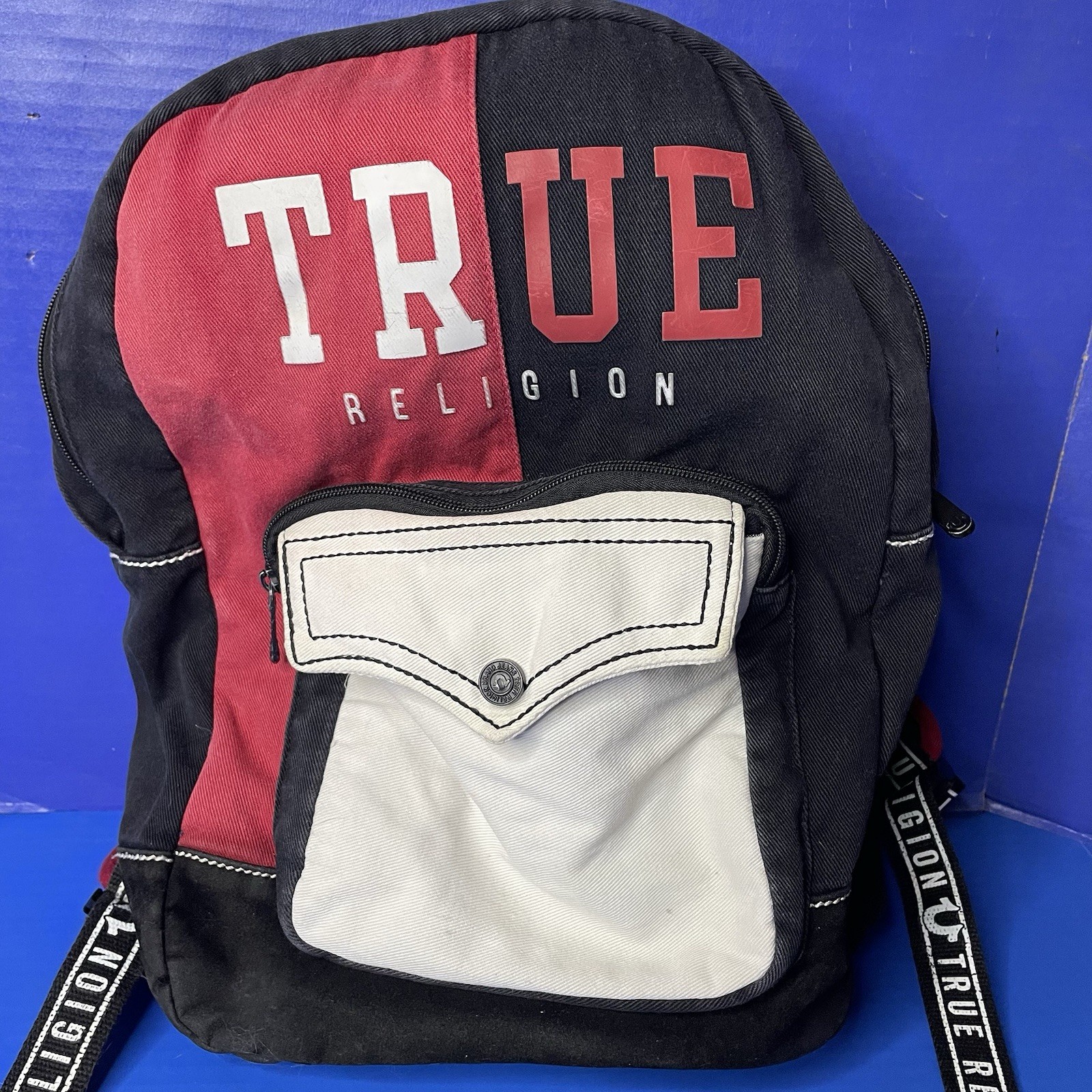 True Religion Black Red White Logo Backpack Book Bag Color Block
