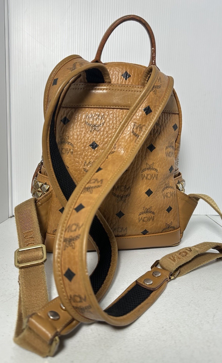 MCM Visetos Side Studs Small Backpack Camel Brown Leather Logo Studded Bag