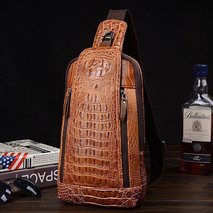 Sling Backpack Men’s Genuine Leather Crocodile Crossbody Chest Bag Sport Daypack