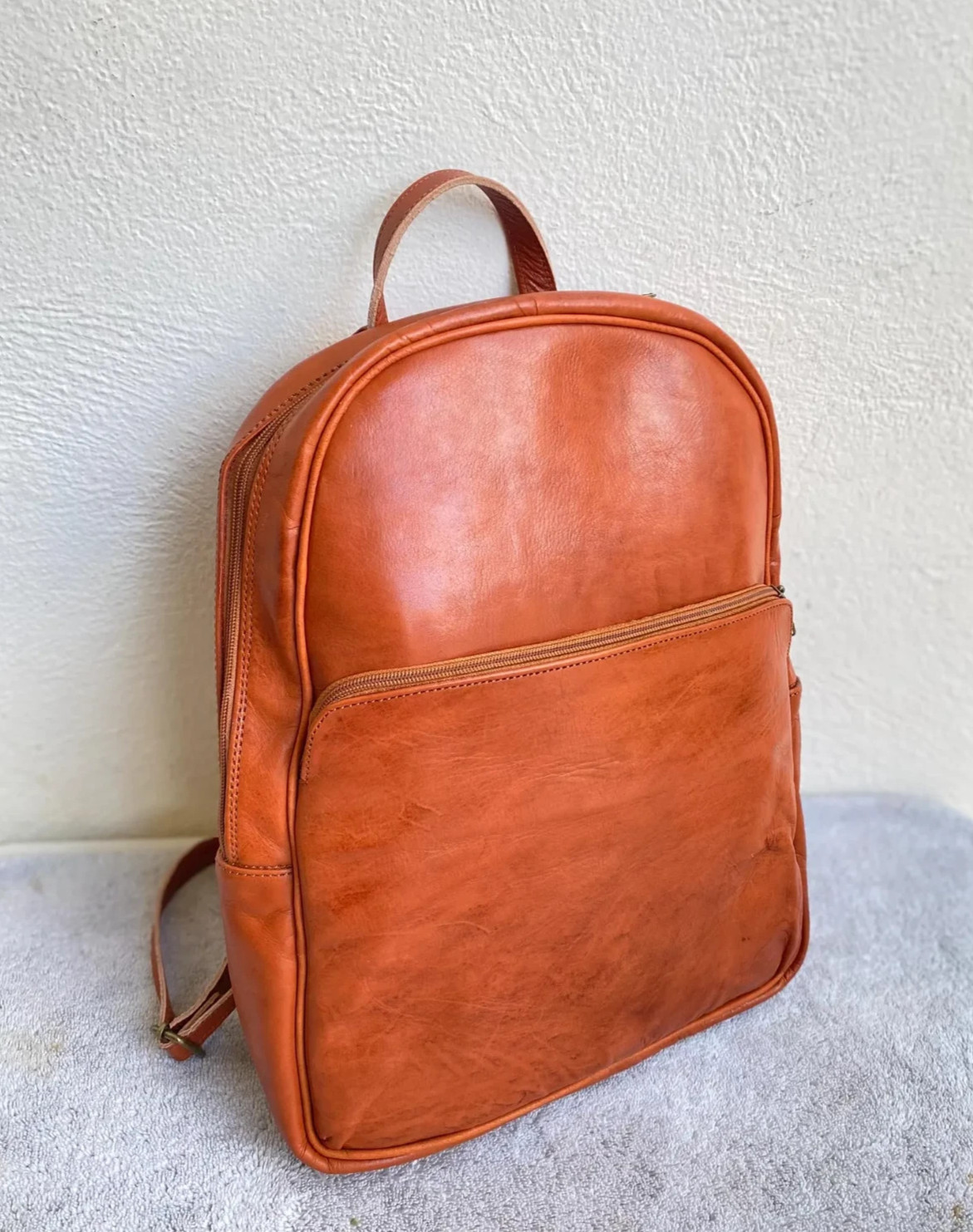 Handcrafted Genuine Leather Round Satchel Bag – Cognac | Double Front Pockets