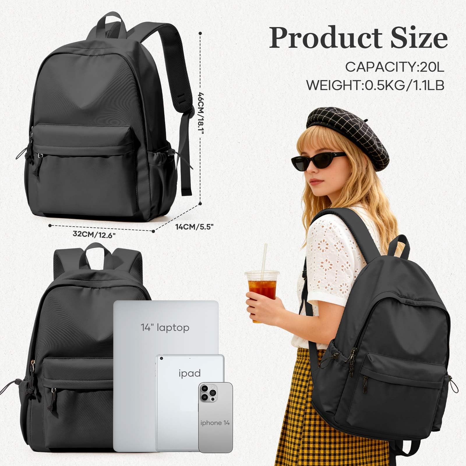 Black Waterproof Middle School Backpack College Bookbag Men Women Teens Girls