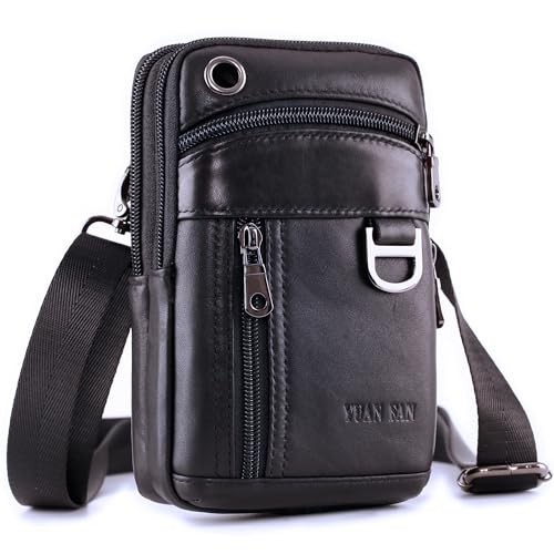 Small Mens Leather Satchel Cell Phone Holster,Vertical Belt Clip Black