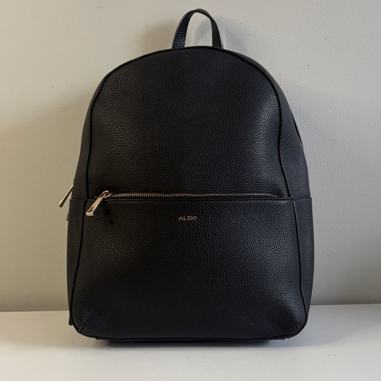 ALDO Black Pebbled Faux Leather Backpack Gold Zipper Minimalist Bag