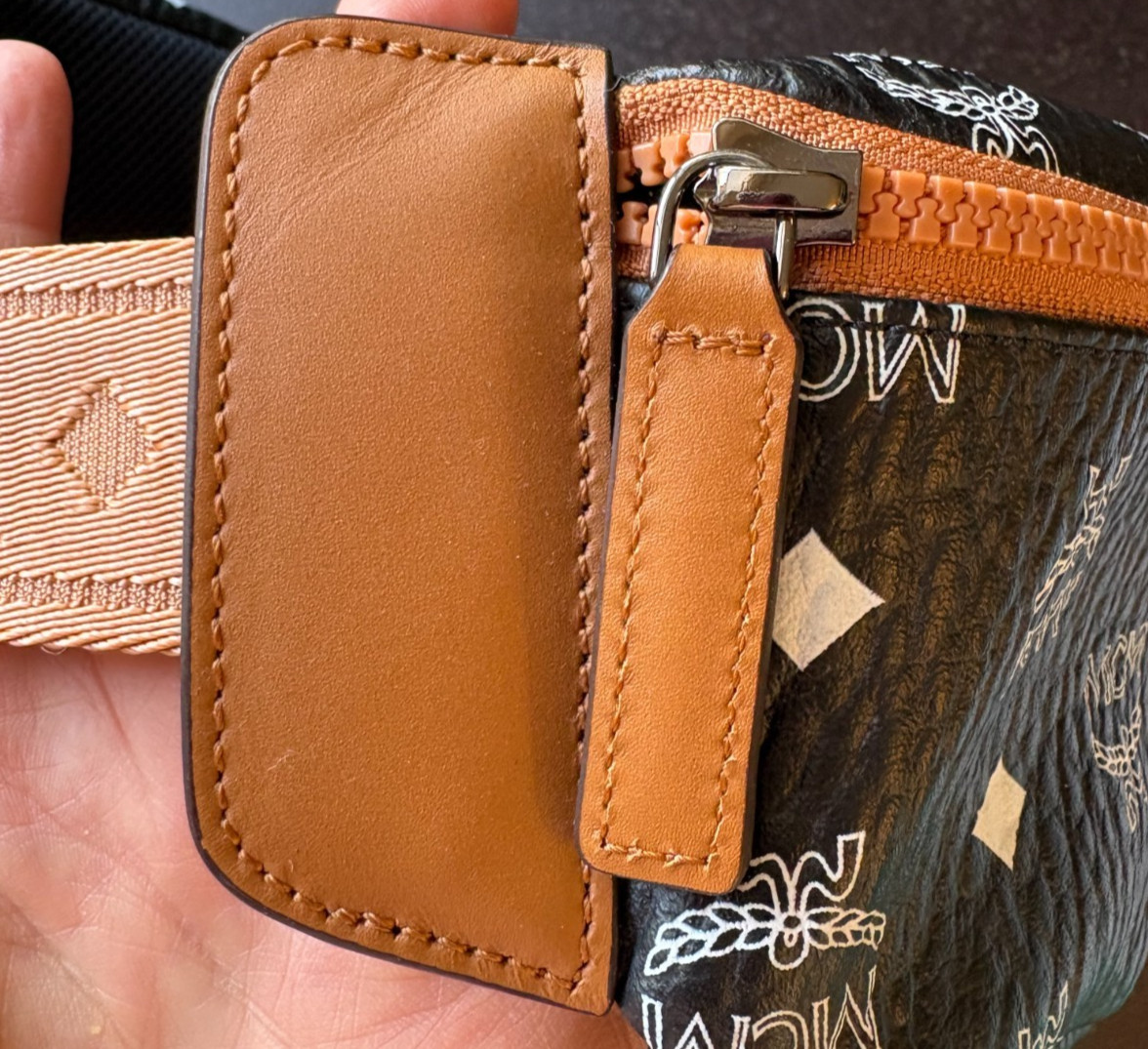 MCM Visetos 3 Pocket Belt Bag Black Cognac Sling Waist Pack Crossbody
