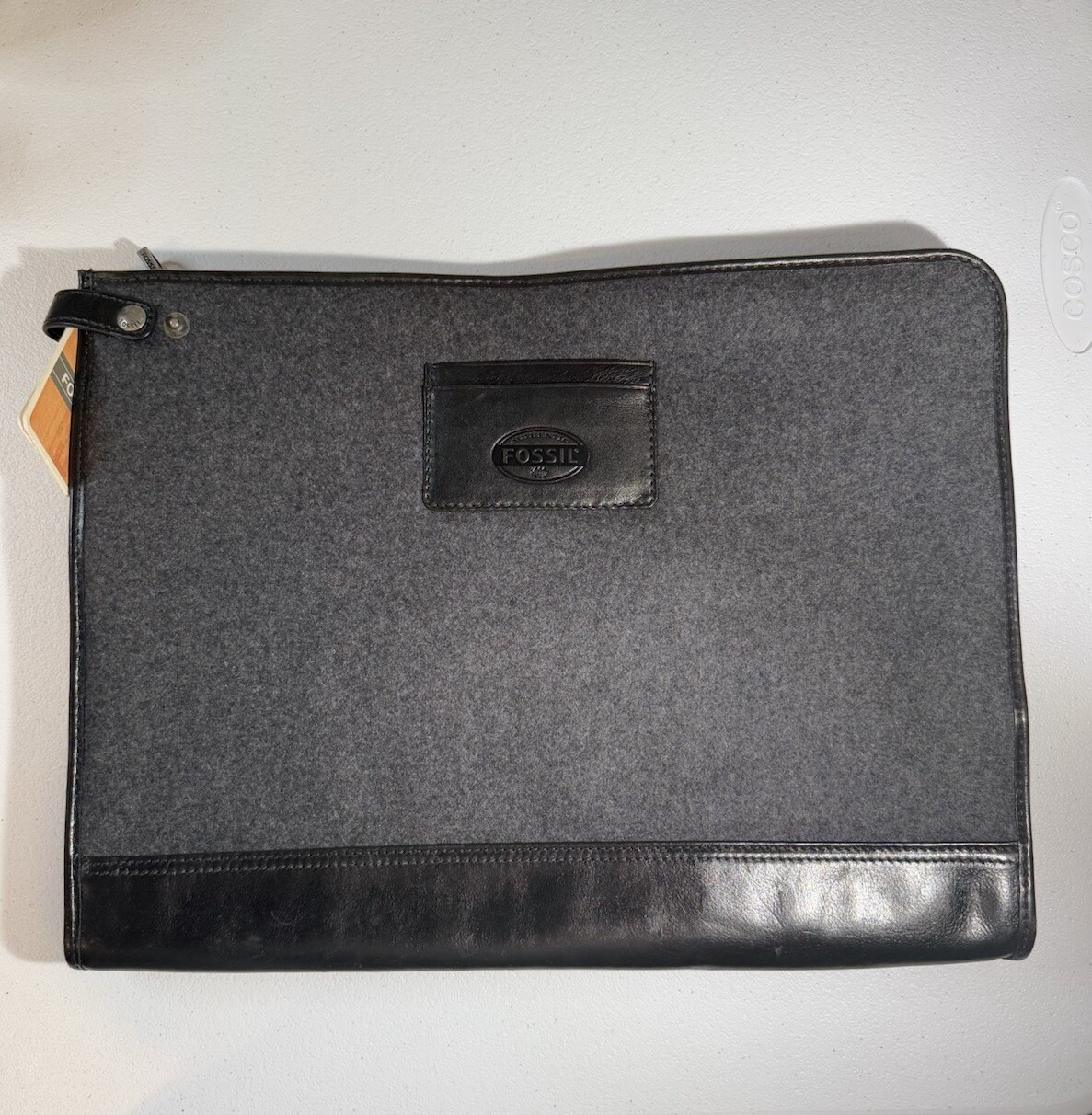 NWT FOSSIL Gray Suede/Black Leather Brief Case Messenger Brief Bag 15”x11.5”