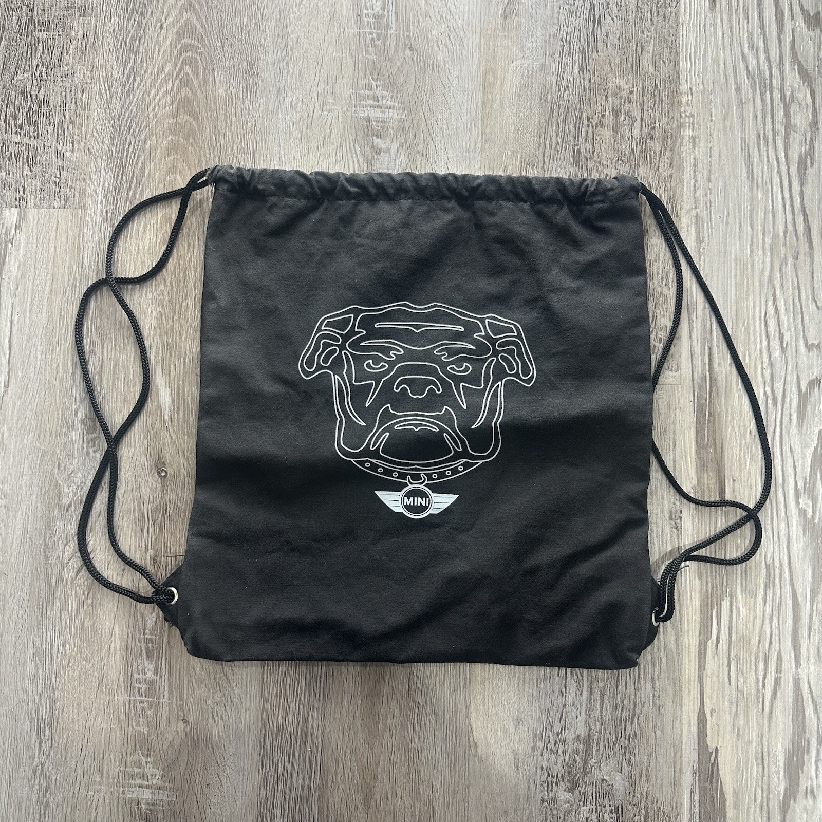 BMW Mini Cooper English Bulldog Black Cinch Drawstring Backpack Lined Canvas Bag
