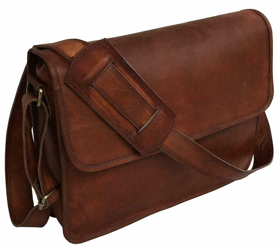 Vintage Genuine Brown Handmade New Goat Leather Men’s Laptop Office Shoulder Ba