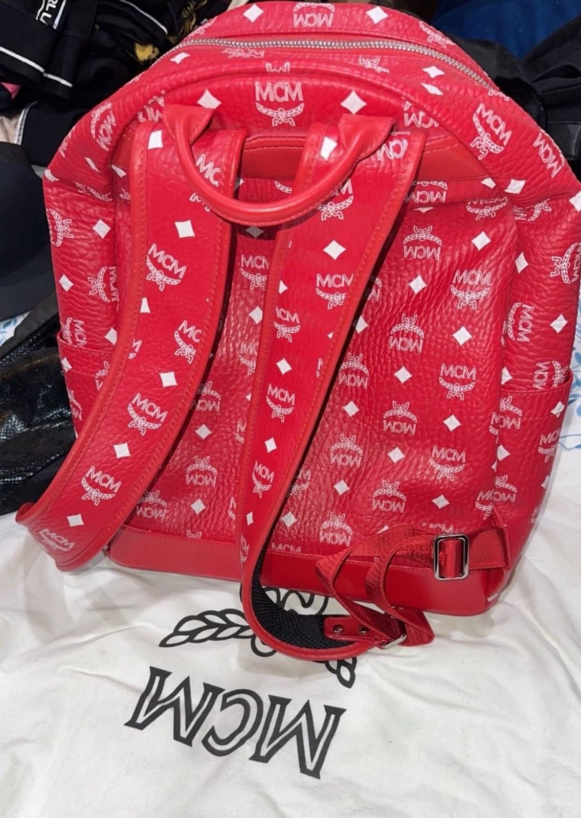 MCM Visetos White Logo Medium Ruby Red Backpack Authentic