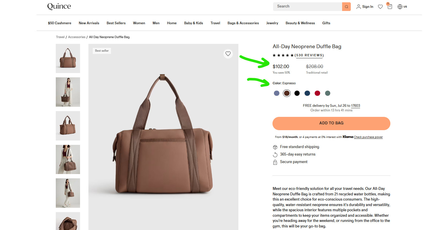 NWT QUINCE ALL DAY NEOPRENE DUFFLE TRAVEL DUFFEL BAG TRAVEL ESPRESSO MSRP $102