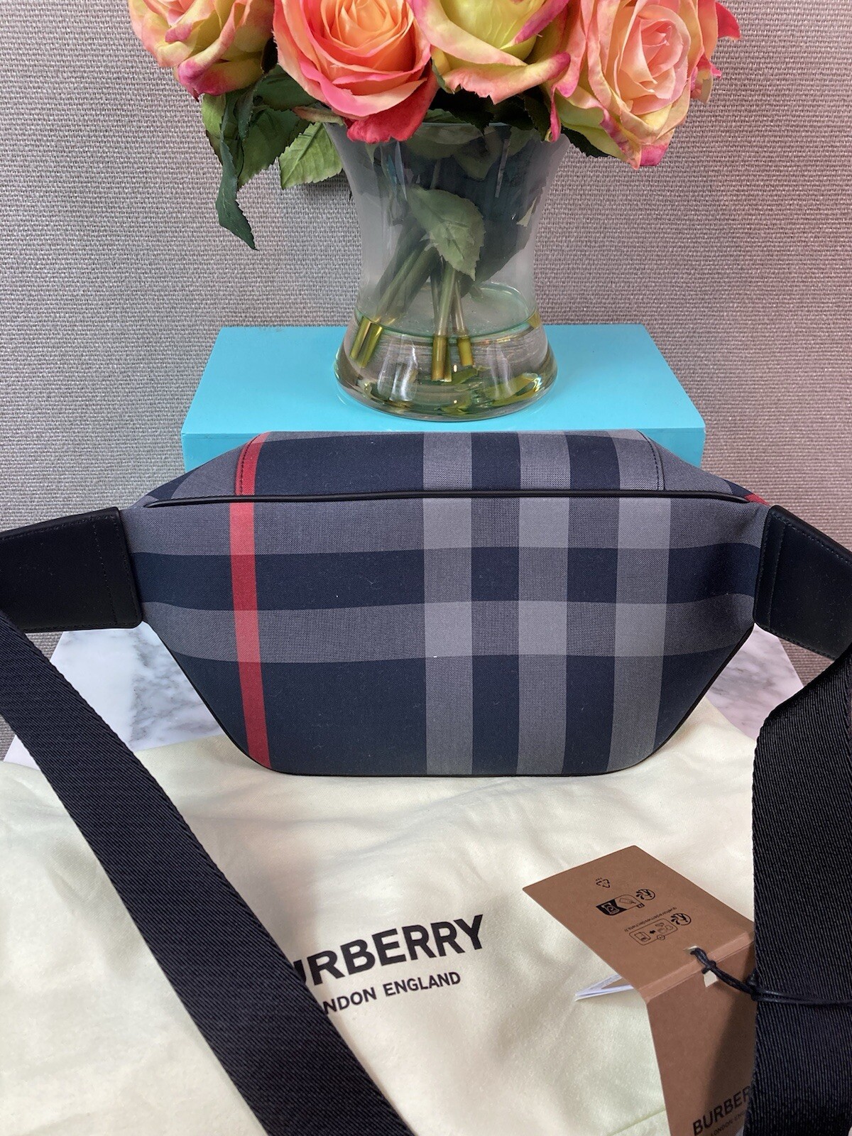 NWT Authentic Burberry Navy Grey IP Check Canvas Sonny Belt Bag – $910 Retail
