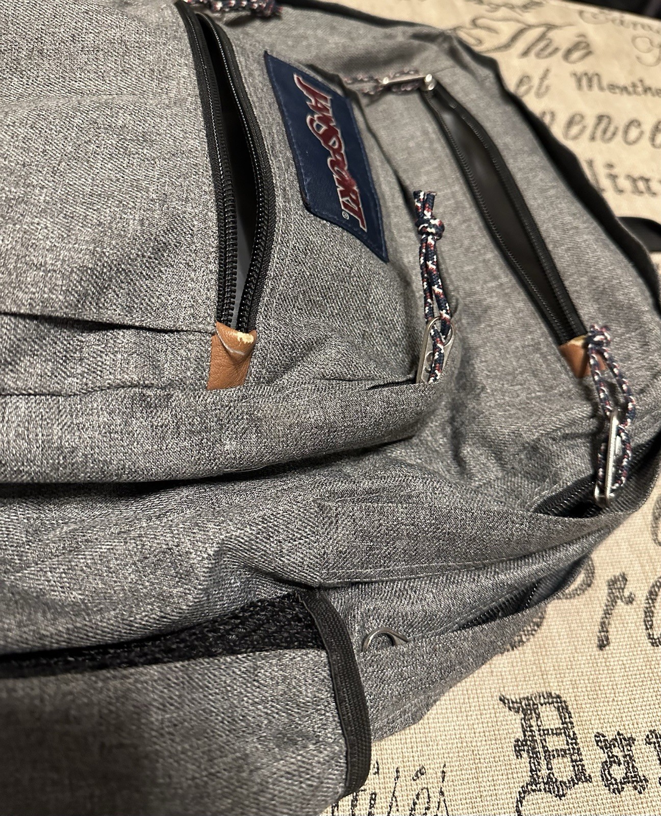 JanSport Backpack Cool Student Laptop Gray Faux Brown Leather Bottom