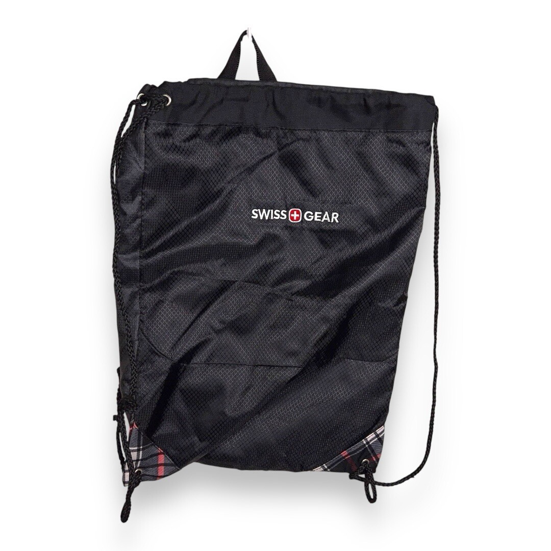 BLACK SWISS GEAR DRAWSTRING BAG PLAID ACCENT TRAVEL MENS PUNK GOTH LIGHTWEIGHT