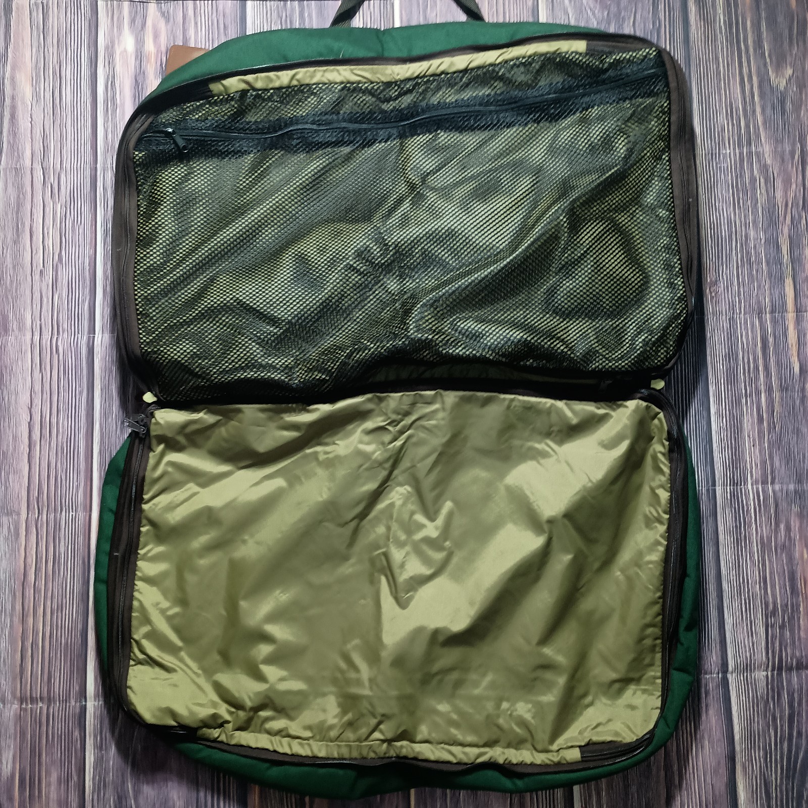 Vintage LL Bean Green Brown Canvas Weekender Bag Full Zip Luggage Leather Trim