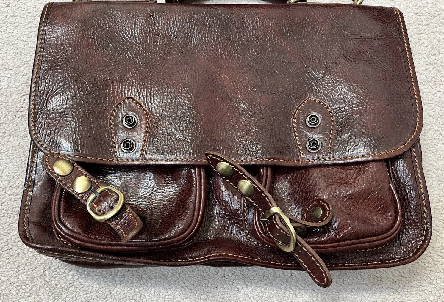 Italian Leather Messenger Computer Commuter Briefcase Bag Brown Strap Snap