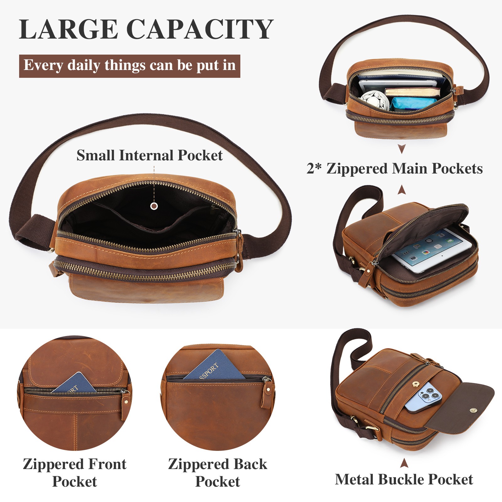 Men Genuine Leather Small Messenger Bag Crossbody Shoulder Bag Vintage Satchel