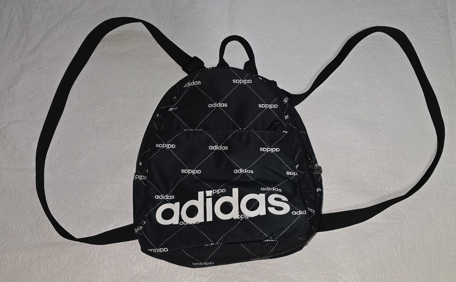 adidas Mini Backpack Black/White Allover Logo Print Zip Closure Inner Pockets