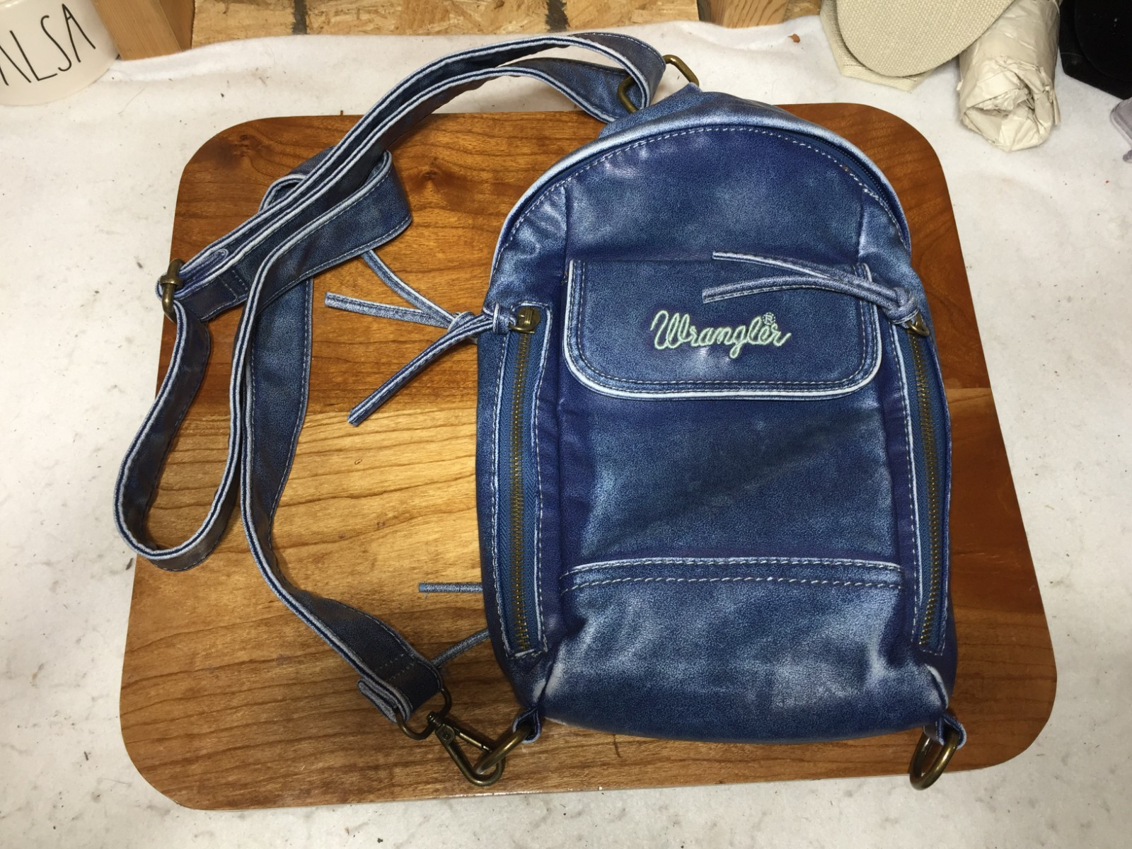 Wrangler Vintage-Style Washed Vegan Leather Sling Backpack Blue Mens