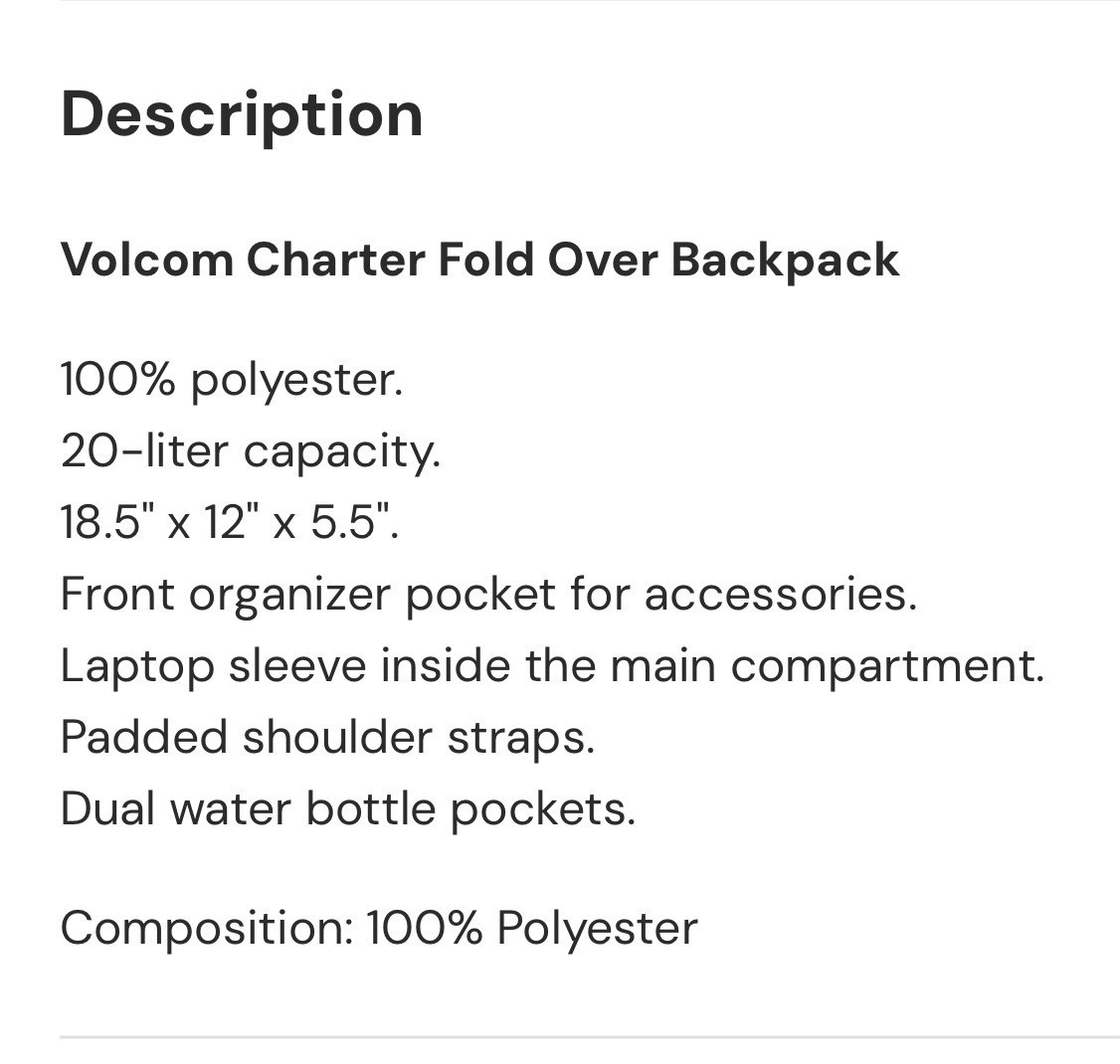 VOLCOM CHARTER FOLD OVER BACKPACK SCHOOOL BEACH TRAVEL SKATE 20L NEW