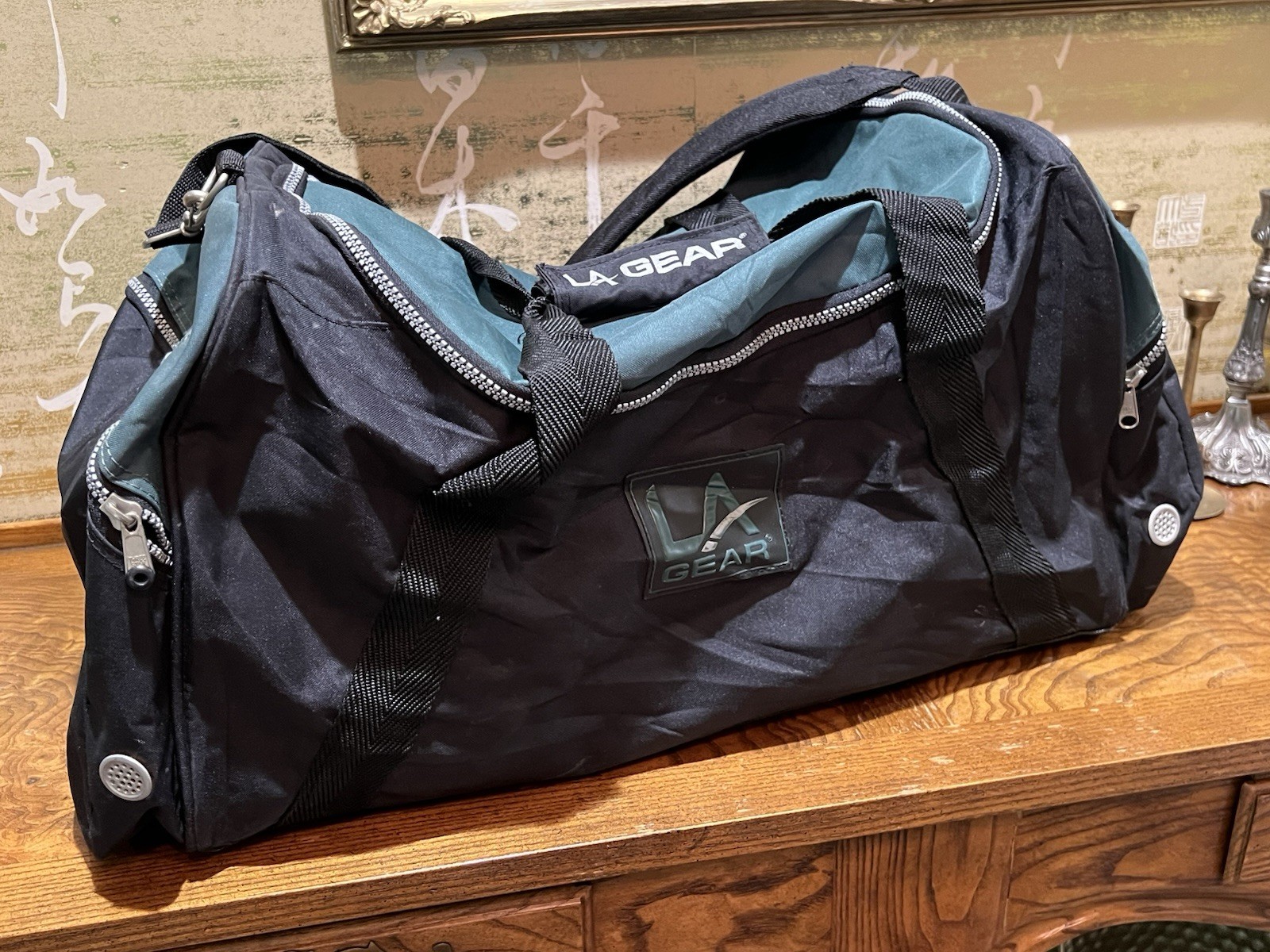 Vintage 90s LA Gear Duffel Bag Black Teal Nylon Gym Travel Weekender Sports Tote