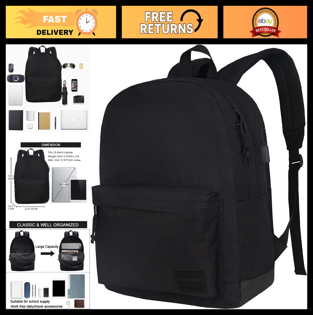 Lightweight Casual Laptop Backpack for Work, School & Travel – Unisex Black Bag