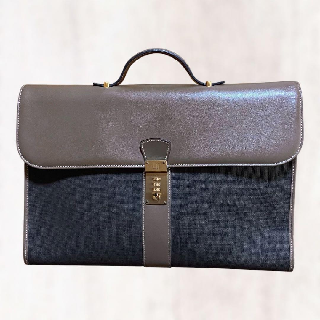 Dunhill Flap Briefcase Business Bag Brown Leather PVC Leather Dial Lock Men’s