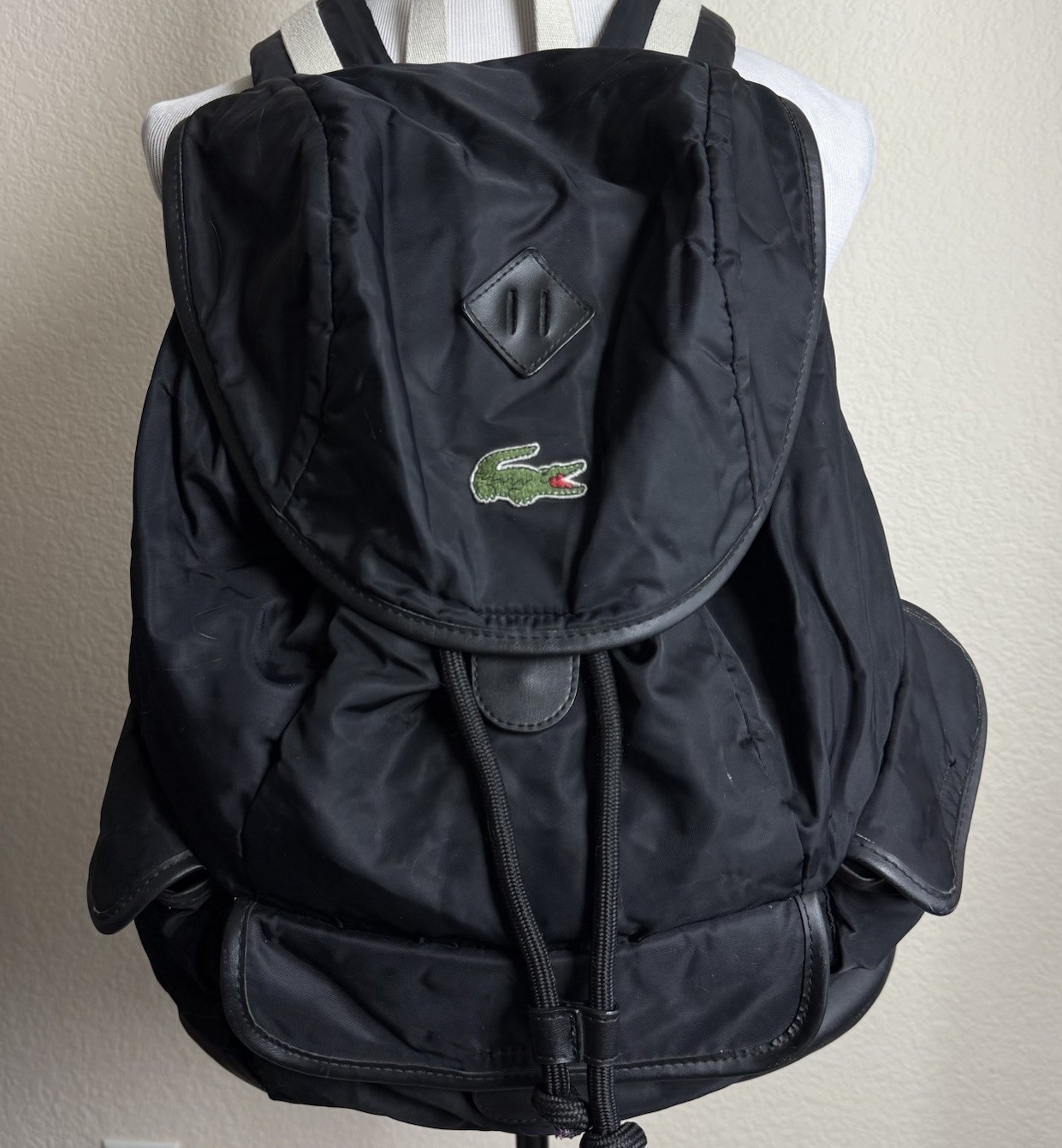 Lacoste Backpack Large Black Nylon Drawstring Rucksack Vintage READ