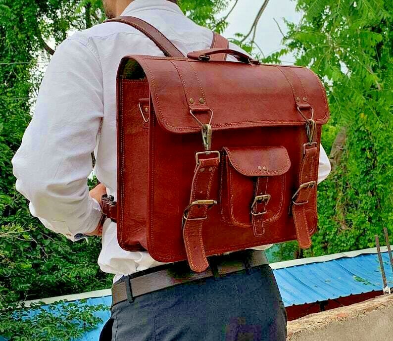 Handmade Vintage Leather Messenger Cum Backpack Briefcase Laptop Cross-body Bag