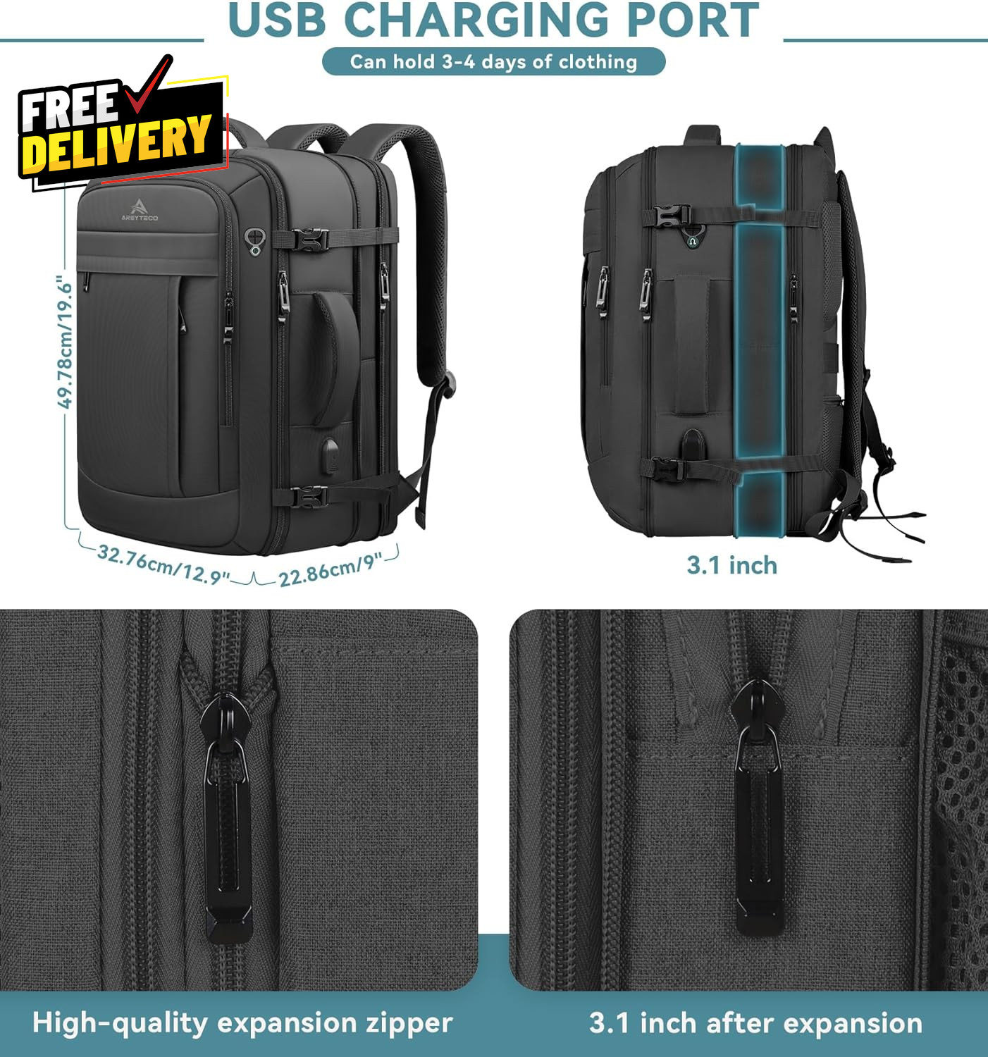 Travel Backpack 50L Expandable Extra Large Laptop Backpack Carry on Backpack W..