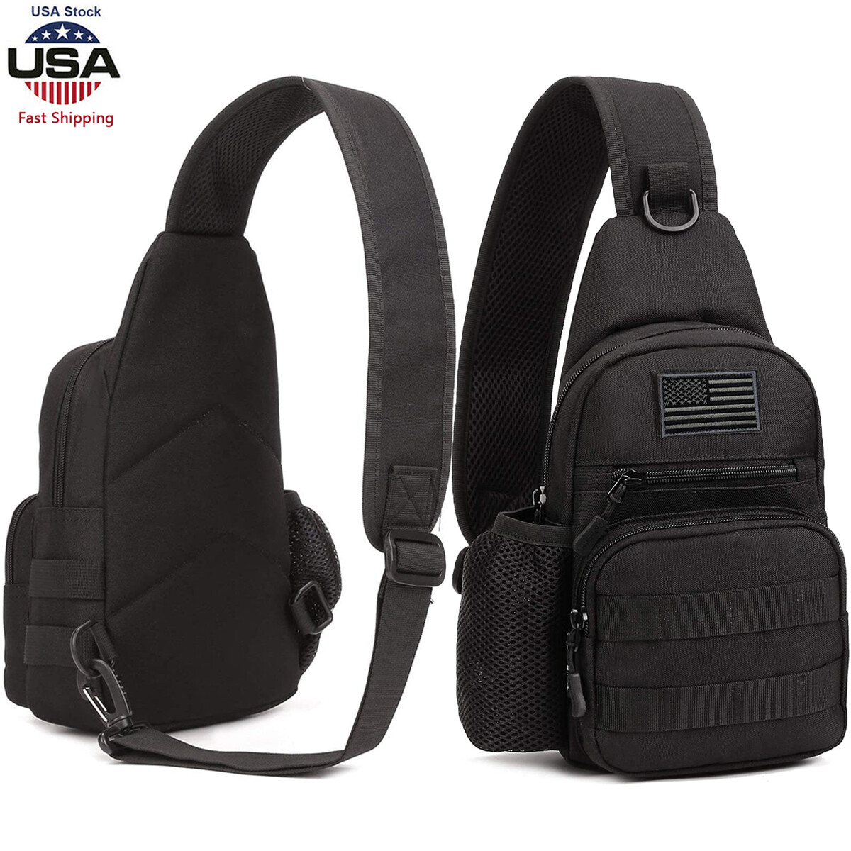Tactical MOLLE Sling Chest Bag EDC Crossbody Pack with Water Bottle Holder Pouch