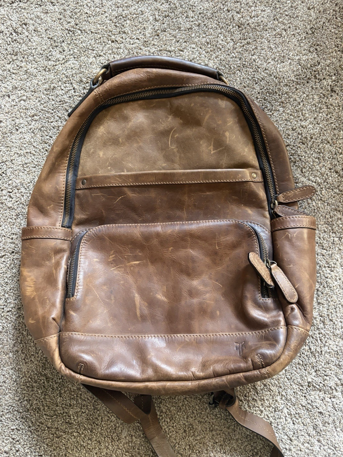 Vintage Frye Leather Backpack Large Multiple Pockets Brown Leather Zip Closures