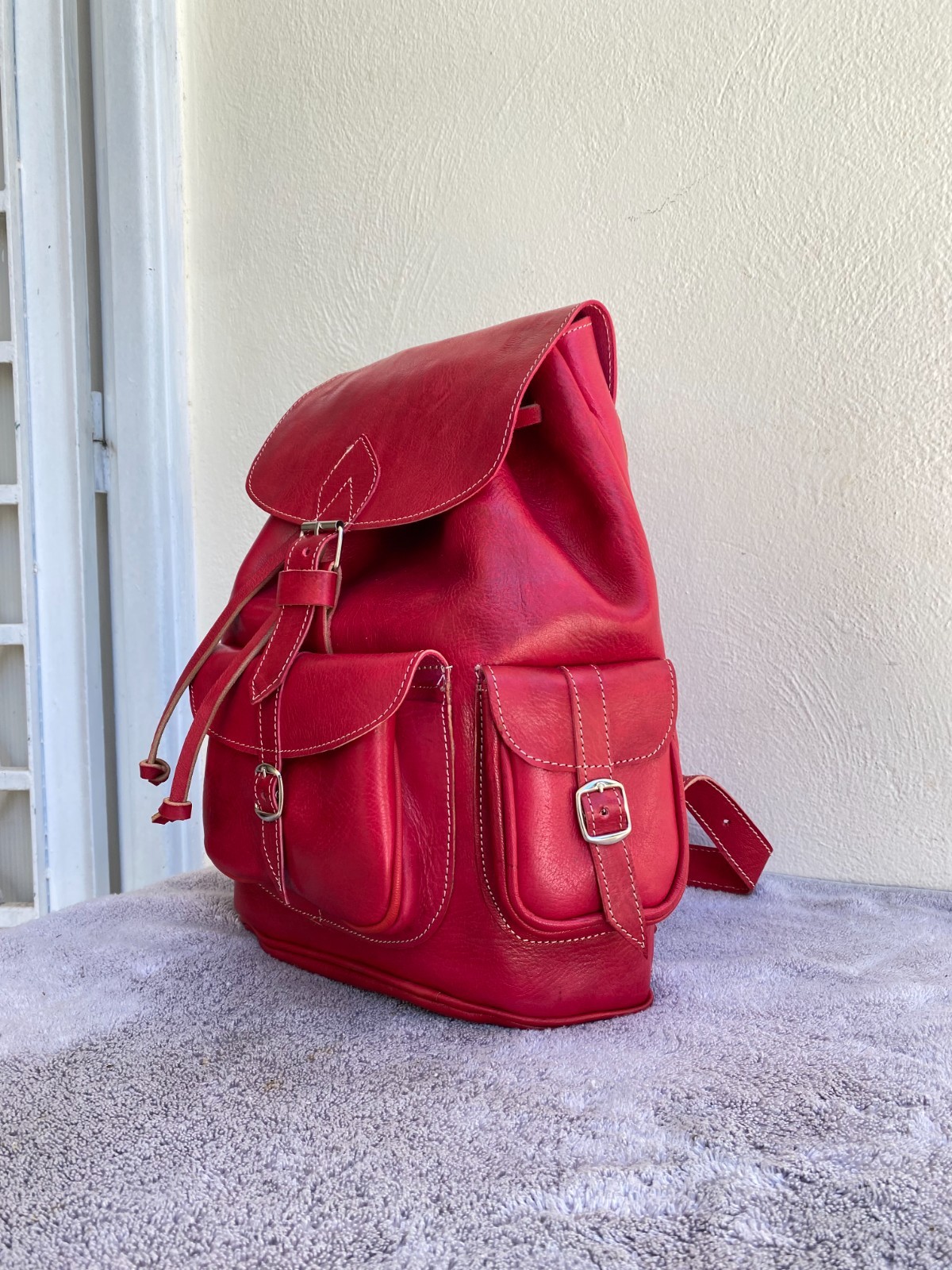 Red Leather Backpack Handmade Morocco Belt Buckle Front Back Pocket Bag