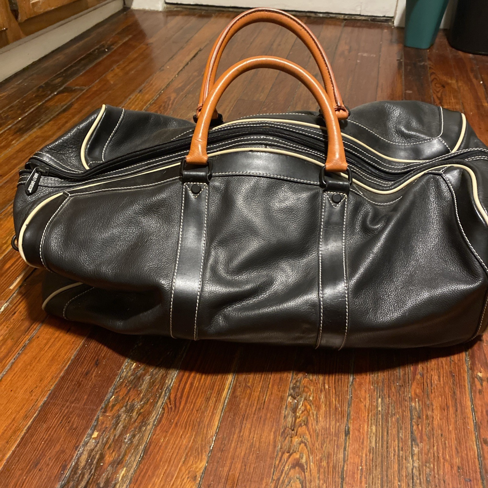 Used Harley Davidson Leather Duffle Bag Travel Black Motorcycle Carryon 22x10x12