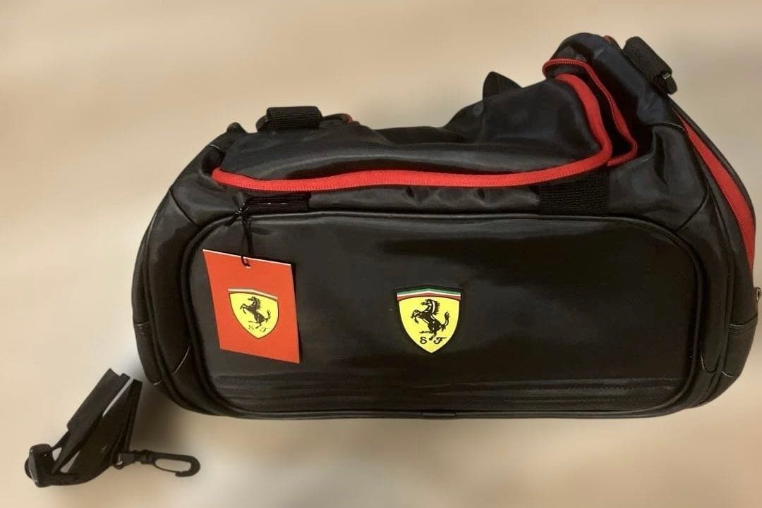 Ferrari Shield Logo Boston Bag Travel Duffle Shoulder Bag Black Red Unused