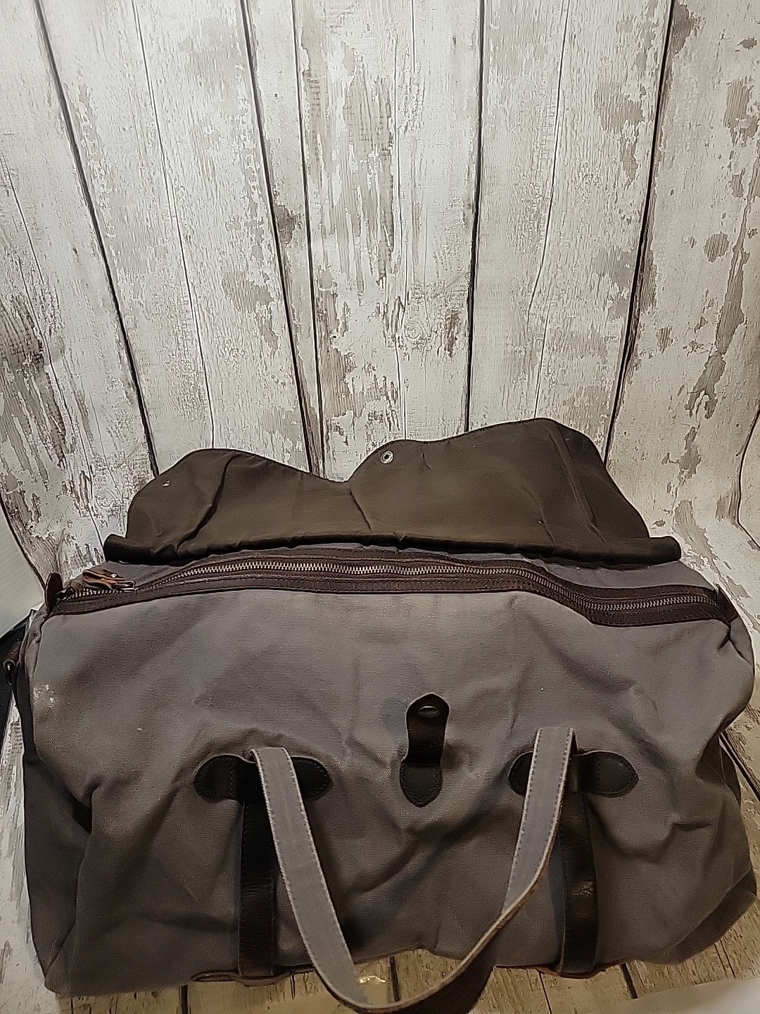 S-ZONE Distressed Gray Canvas Duffle Bag Brown Leather Trim Travel Bag NO STRAP