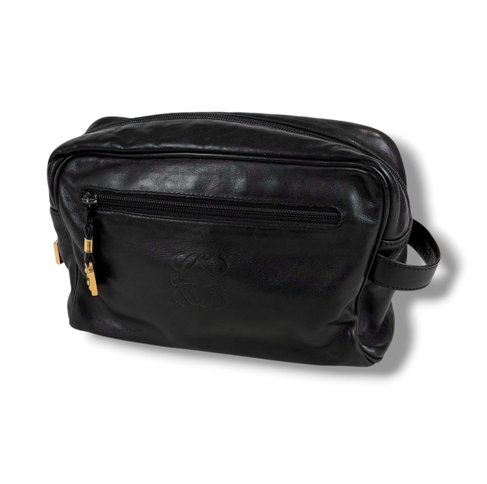 LOEWE Black Leather Clutch Bag Anagram Logo Men’s Handbag Authentic