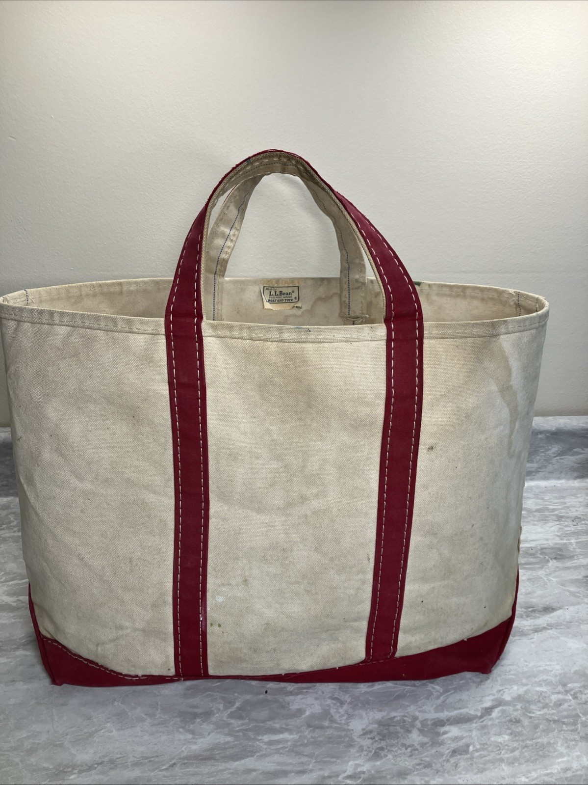 Vintage 70s 80s Sawtooth Label LL Bean Boat & Tote Bag Red Distressed 18x13x7”